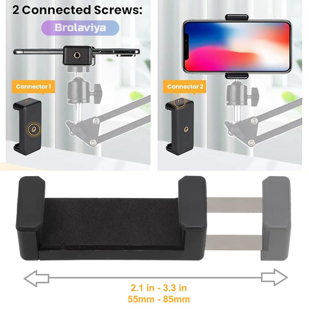 BROLAVIYA® 2 Pack Mobile Phone Holder Mount with 1/4″ Screw, Adjustable 55–85mm Smartphone Clamp, Tripod & Stand Compatible, Universal Phone Holder for Video Recording, Live Streaming & Photography