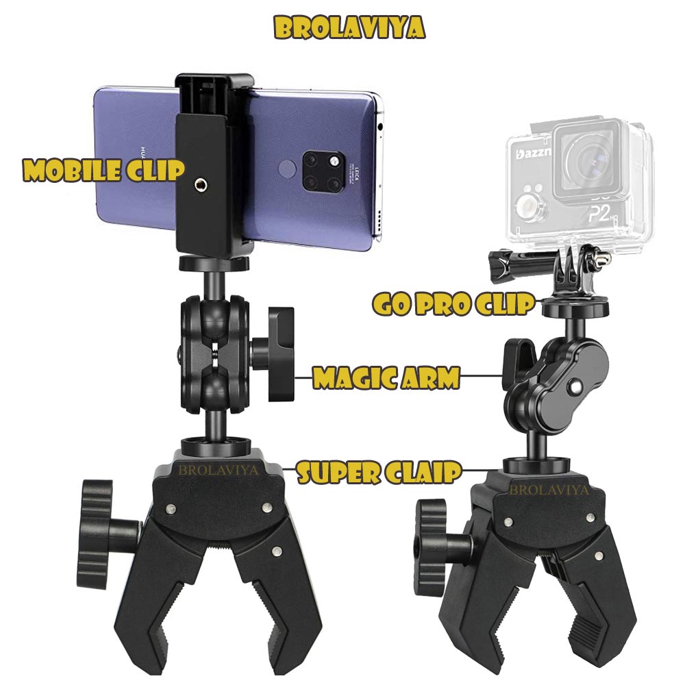 BROLAVIYA® Super Clamp with Dual Ball Head Magic Arm, Mobile Bracket with 1/4 Threads, for Desk Tripod Tube Crossbar Gimbal Rods Compatible with Smartphones, DSLR Camera, Tripod, Ring Lights