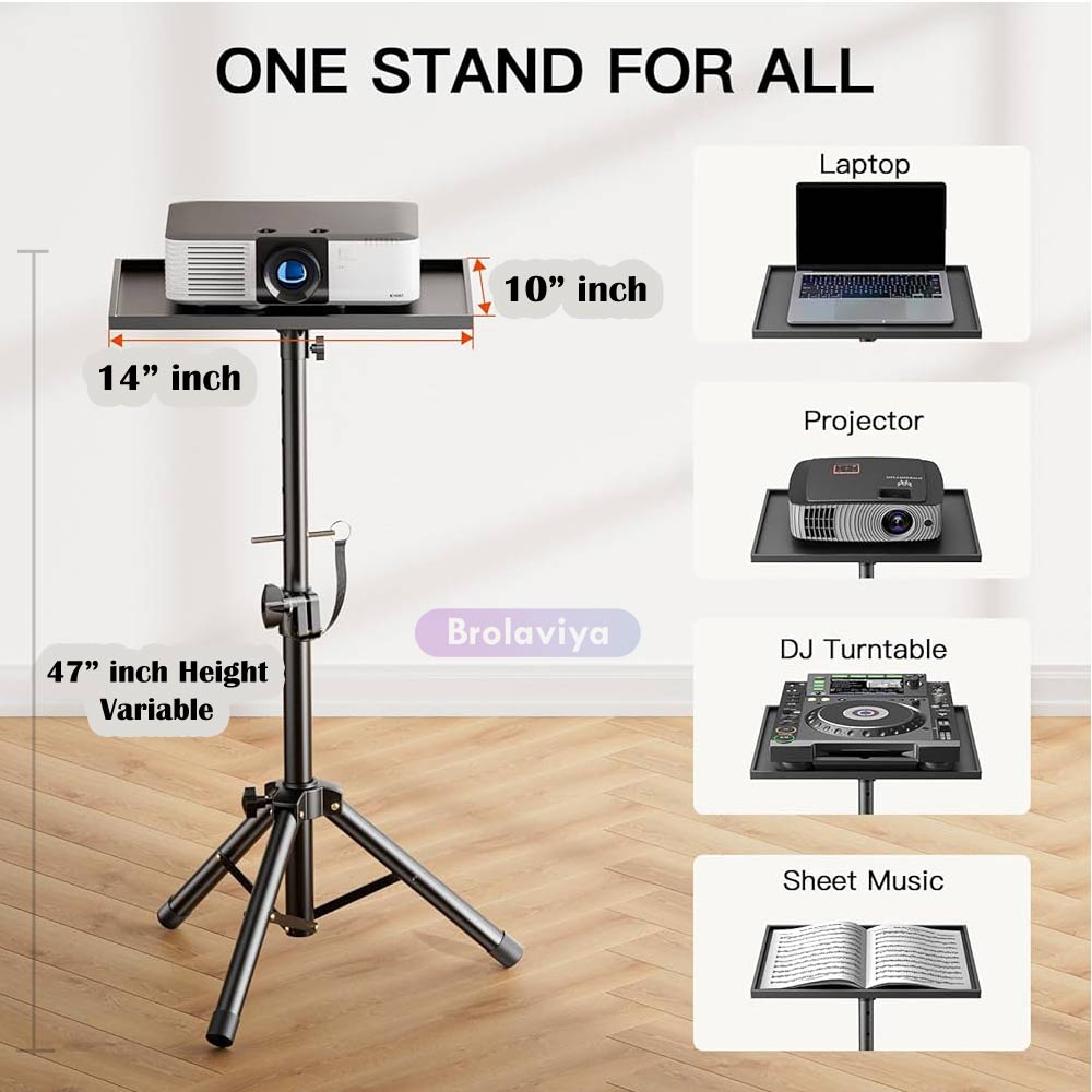 BROLAVIYA® Heavy-Duty Adjustable Floor Projector and Speaker Stand with Portable Folding Design, Heavy-Duty Black Base & Non-Slip Feet for Theater, PA Systems, Live Events, Studios