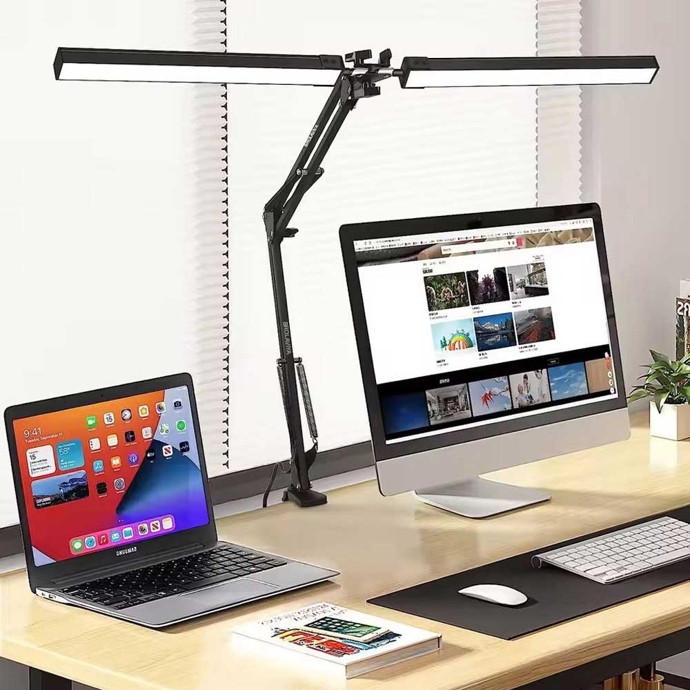 BROLAVIYA® Overhead New Double Head LED Desk Lamp Light with Metal Arm Table Lamp Stand, 3 Lighting Modes, Dimmable with 12V Power Adaptor for Home, Office, Desktop, Bedroom, Reading