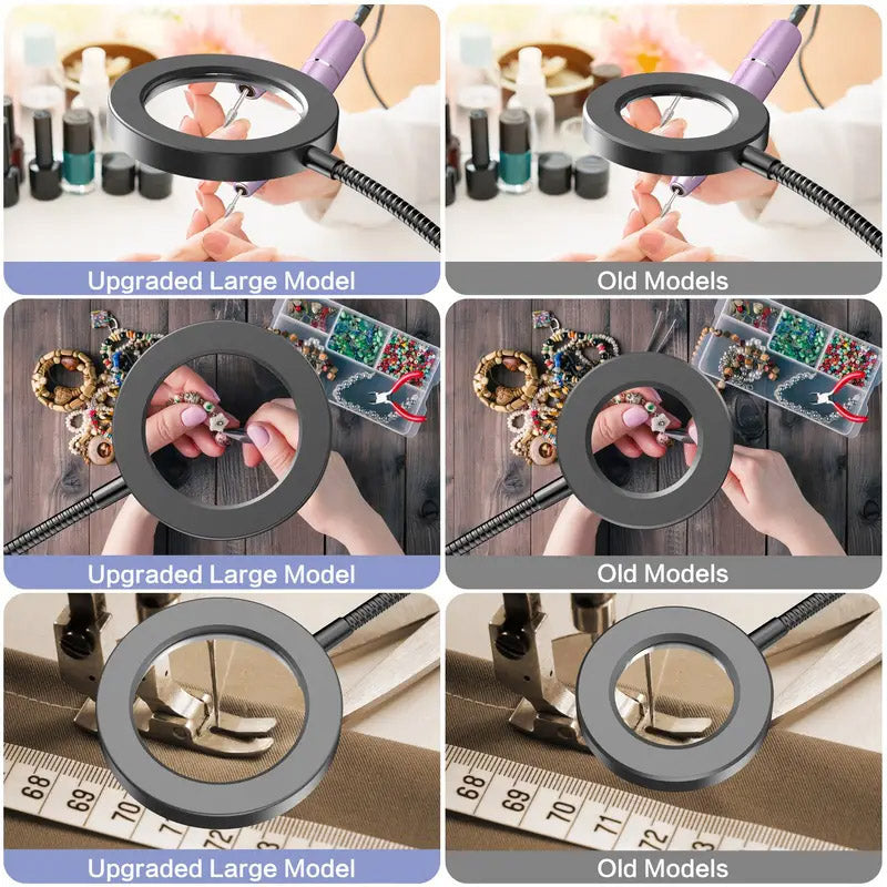BROLAVIYA® Overhead 5X Magnifying Glass with 12cm LED Light, 3 Color Modes Dimmable, Flexible Hose Metal Arm, Magnifier Desk Lamp for Crafts, Makeup, Reading, Photography – Silver