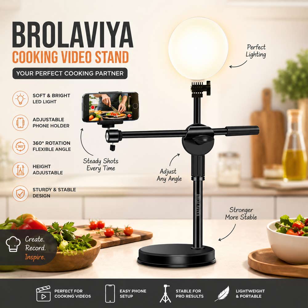 BROLAVIYA® LED 6 inch Fill Light Phone Overhead Stand for Video Recording | Adjustable Height & 360° Rotation | Mobile Holder with 3 Color Modes & 10 Brightness Levels | Desk Stand for Cooking, Live Streaming, Online Classes & Content Creation