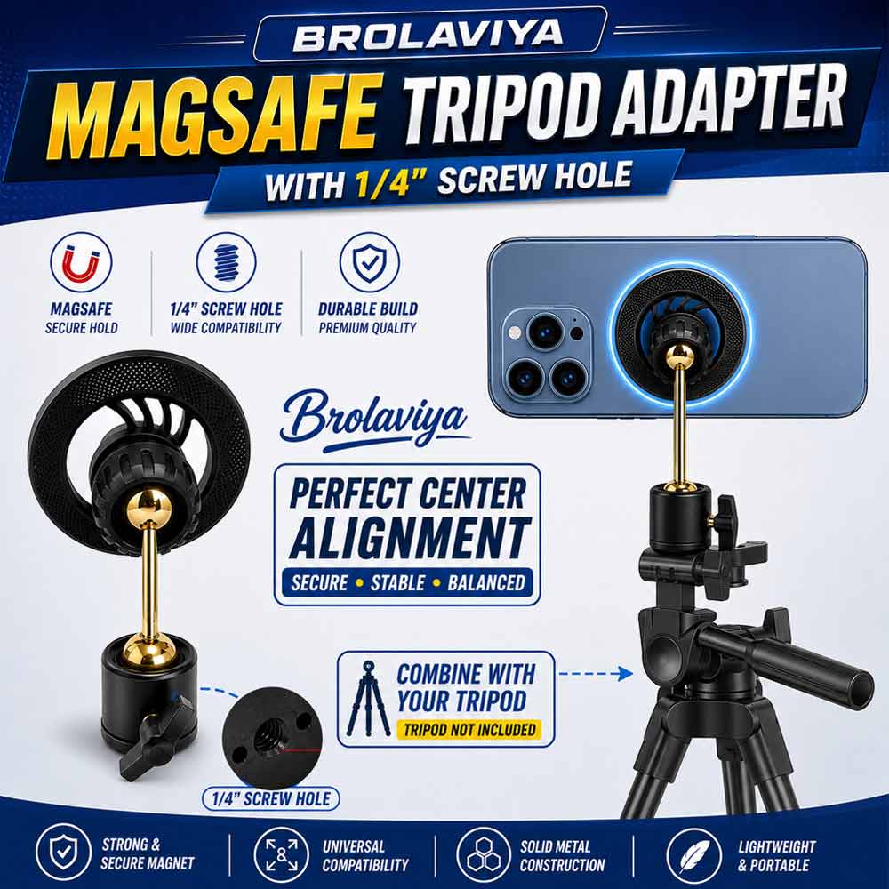 BROLAVIYA® Magnetic Phone Holder with 1/4″ Interface Thread, Adjustable Ball Head, MagSafe Compatible Tripod Adapter, 360° Rotation, for Tripods, Monopod & Camera and Ring Light Accessories