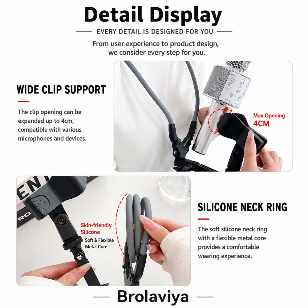 BROLAVIYA® Silicone Neck Clip Holder Mount, Hands-Free Wearable Neck Stand with Adjustable Clamp, Universal Chest Mount with 1/4 Head for Vlogging, Recording, Live Streaming, Reading, DIY & Travel