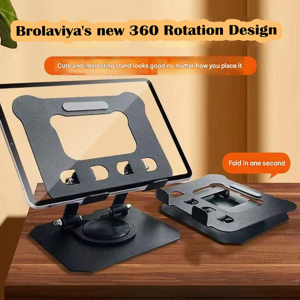 BROLAVIYA® Desktop 360 Rotating Base, Aluminium Metal Cute Shape Metal Stand, Foldable, Compatible with iPad, Tablet, E-Reader 4-12.9 inch, D2, Black