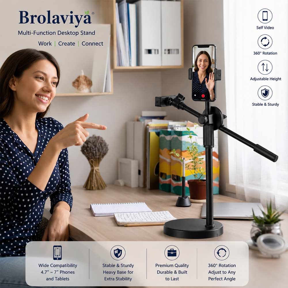 BROLAVIYA® Multi-Function Desktop Dual Phone Stand with Overhead Camera Mount, 360° Rotating Adjustable Arm, Height Adjustable Mobile Holder for YouTube, Reels, TikTok Video Recording, Online Classes, Cooking, Drawing, Live Streaming & Content Creation