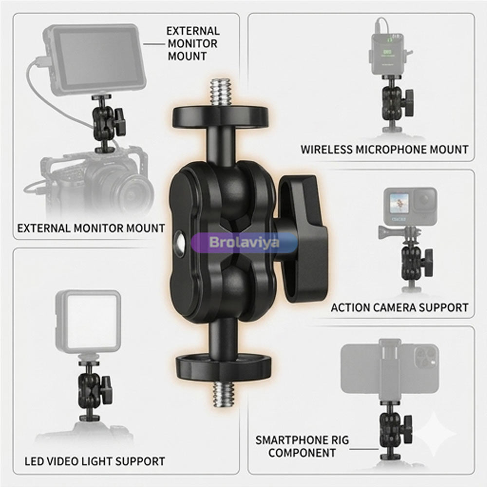 BROLAVIYA® Dual Ball Head Magic Arm Mount with 1/4″ Standard Screws, 360° Rotatable Universal Bracket for DSLR Camera Monitor, LED Video Light, Microphone and Action Cam Support