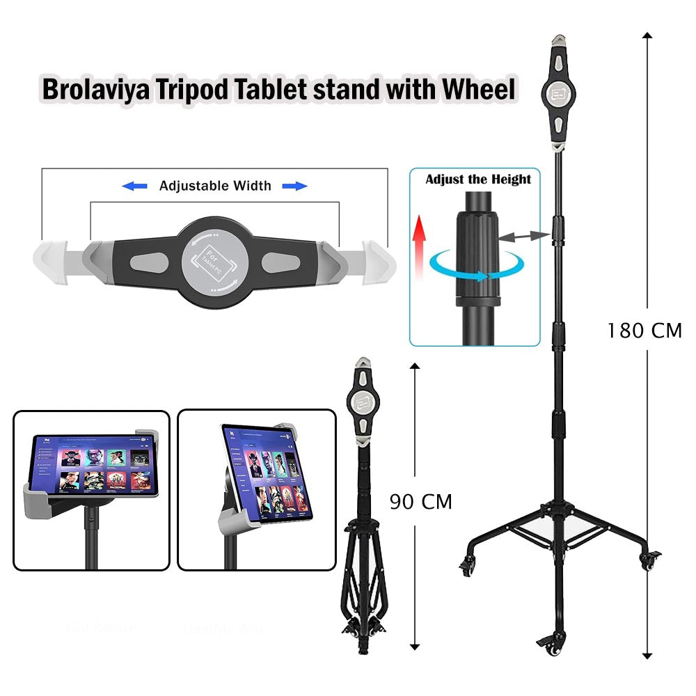 BROLAVIYA® Tablet Tripod Floor Stand with Wheels and Adjustable Gooseneck Mount for Home, Office, Stage for All 9.5~14.5 Diagonal inches Large Display Devices iPad, iPad Pro, Galaxy Tab, Surface Pro