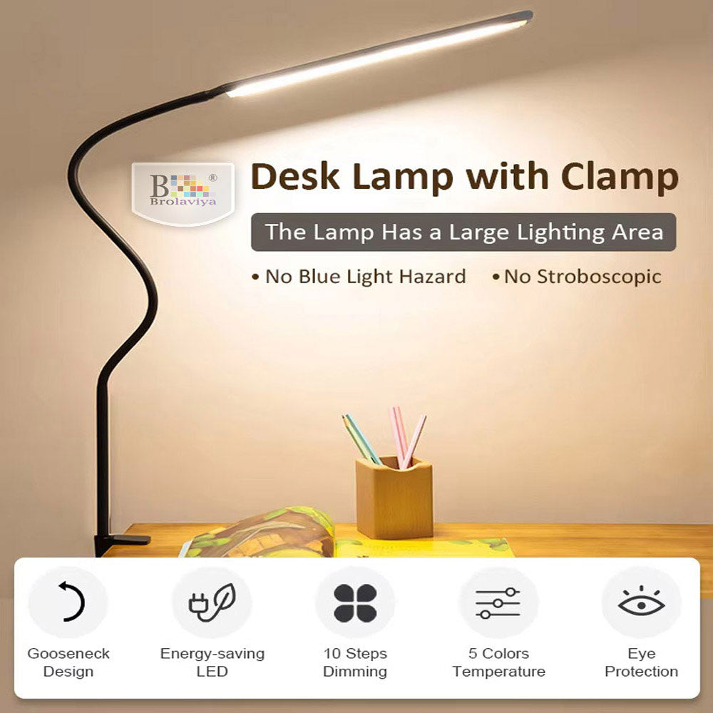 BROLAVIYA® Overhead Flexible LED Long Desk Lamp Light with Clamp, 3 Modes, 10 Brightness, Eye-Caring, Long Flexible Gooseneck For Home, Office, Desktop, Bedroom, Reading Black