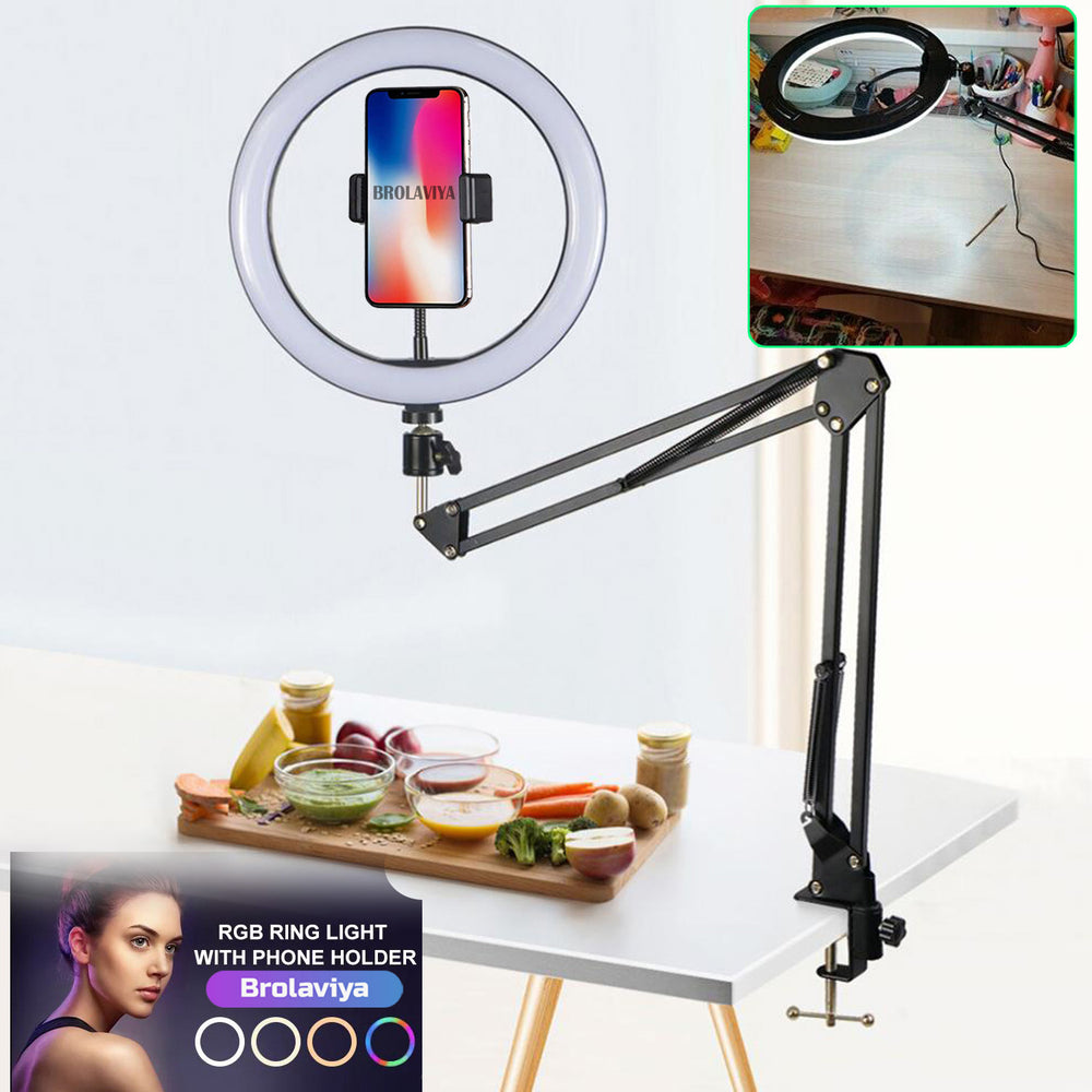 BROLAVIYA® Overhead Video Mobile Stand With RGB Color 10 Inch Ring Light, Metal Arm, 1/4" Male Adaptor For Camera, Gopro, Mobile Bracket For Video, Desktop, Bedroom, Office