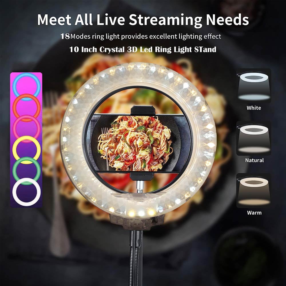 BROLAVIYA® Overhead Video Mobile Stand, Crystal 3D LED 10 Inch RGB Ring Light, 2 Way Base  - Image 5