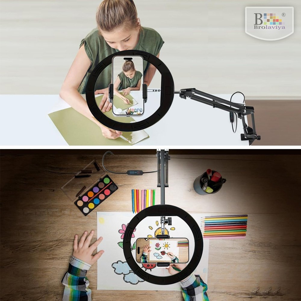 BROLAVIYA® No Shadow Overhead Video Mobile Stand with 10 inch Selfie Ring Light, Metal Arm - Image 2