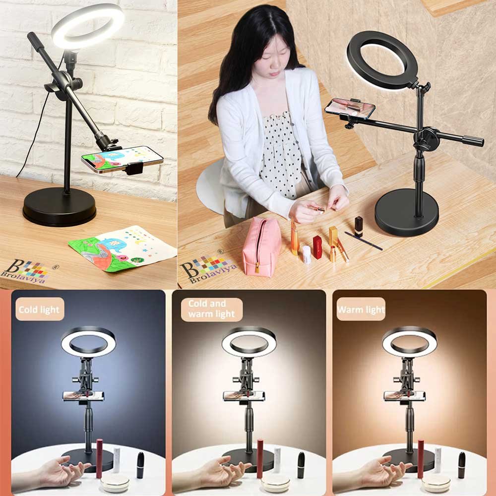 BROLAVIYA® Overhead Video Stand with 6 Inch Ring Light, Metal Rod, 1/4" Ball Head For Came - Image 4
