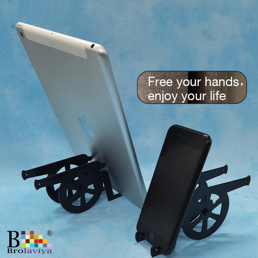 BROLAVIYA® Metal Body Cannon Shape Stand, Cradle, Holder, Stand For Office Desk, Fits for Smartphones Mobile / Tablets 4 - 9.7 Inch Black (2 Pack)