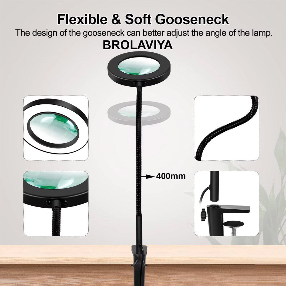 BROLAVIYA® Overhead 5X Magnifying Glass with LED Light and Stand, 3 Color Modes Dimmable, Flexible Hose Metal Arm, Magnifier Desk Lamp for Crafts, Makeup, Reading, Photography