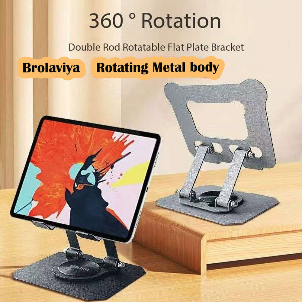 BROLAVIYA® Desktop 360 Rotating Base, Aluminium Metal Cute Shape Metal Stand, Foldable, Compatible with iPad, Tablet, E-Reader 4-12.9 inch, D2, Black