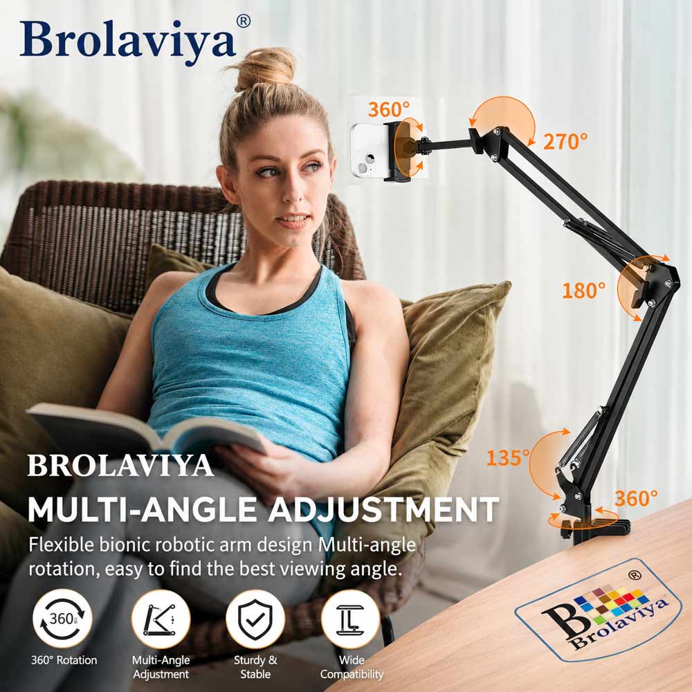 Brolaviya® Phone Holder for Bed & Desk, Adjustable Overhead Phone Mount with 360° Rotation, Multi-Angle Suspension Arm Stand, Hands-Free Mobile Holder for Video Recording, Drawing, Cooking, Reading & Live Streaming