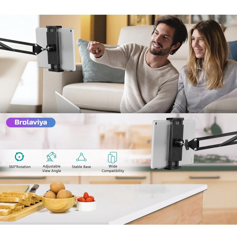 BROLAVIYA® Upgraded Flexible Gooseneck Clip Lazy Arm Bracket For Both Mobiles and Tablets Fits Device 4 - 12.9 Inch, Articulating Arm Mount For Home, Office or Kitchen