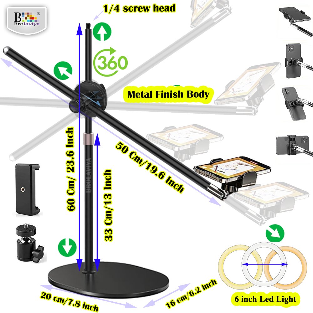 BROLAVIYA® Overhead Video Floor Stand with 6 inch Ring Light, Premium Metal Body, 1/4" Hea - Image 4