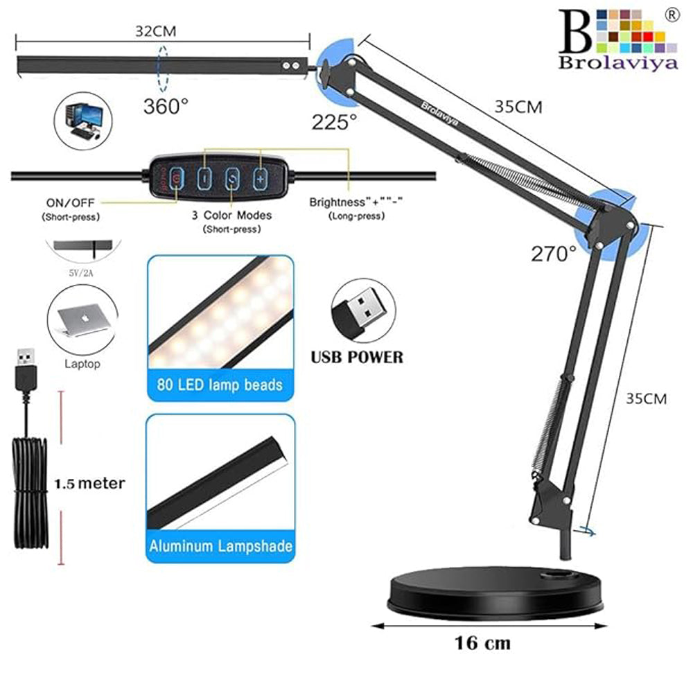 BROLAVIYA® Heavy Base LED Desk Lamp Light with Metal Arm Table Lamp Stand, 3 Lighting Modes, 360 Degree Spin for Home, Office, Desktop, Bedroom, Reading etc