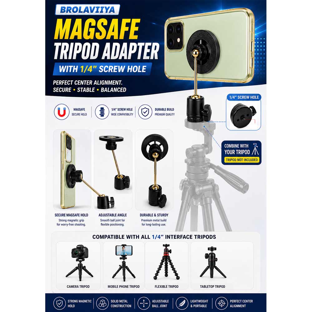 BROLAVIYA® Magnetic Phone Holder with 1/4″ Interface Thread, Adjustable Ball Head, MagSafe Compatible Tripod Adapter, 360° Rotation, for Tripods, Monopod & Camera and Ring Light Accessories