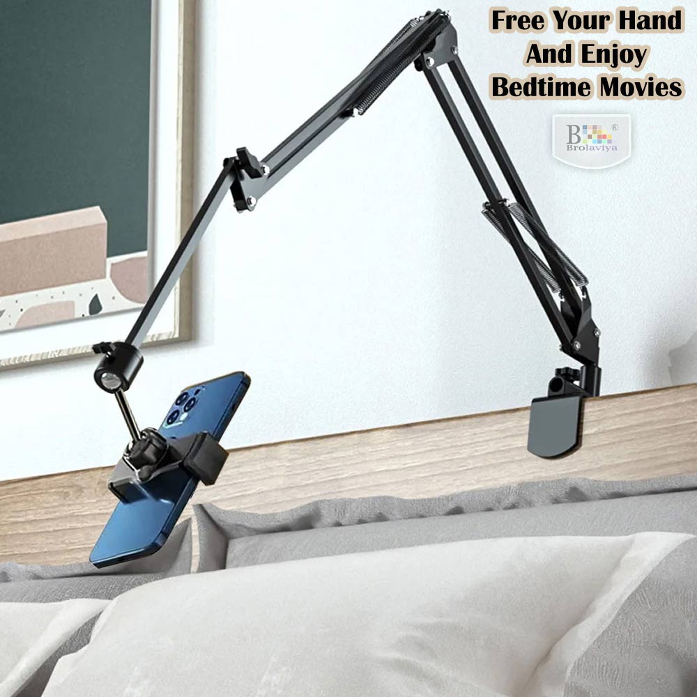 BROLAVIYA® Overhead Video Mobile Stand, New Extra Long Arm, 1/4" Head 2 Way Base Clamp and Bracket for Mobile Phone For Overhead Video, Desktop, Bedroom, Office, Black