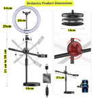 BROLAVIYA® Overhead Video Floor Stand with 10 Inch Ring Light, Metal Arm, 1/4" Ball Head for Camera, Webcam, Gopro with Mobile Bracket for YouTube, Desktop, Bedroom, Office