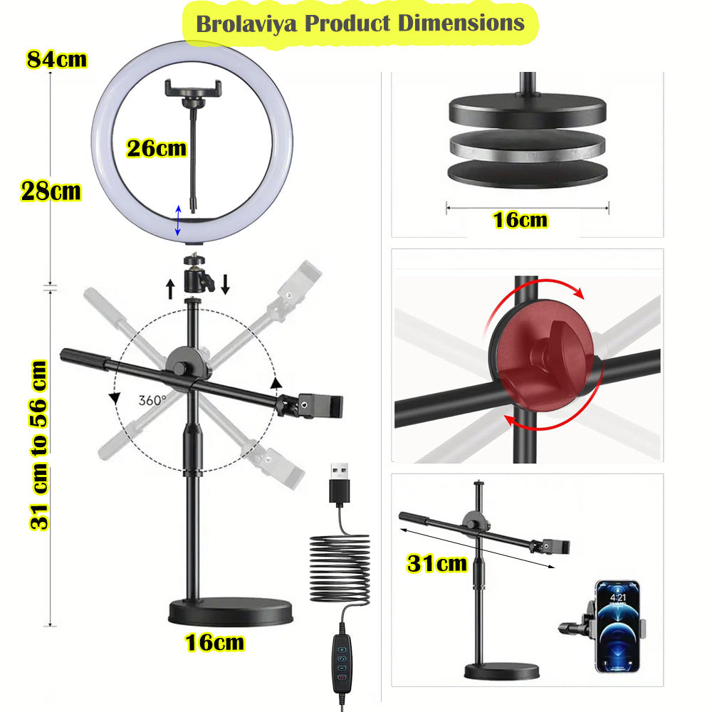 BROLAVIYA® Overhead Video Floor Stand with 10 Inch Ring Light, Metal Arm, 1/4" Ball Head for Camera, Webcam, Gopro with Mobile Bracket for YouTube, Desktop, Bedroom, Office