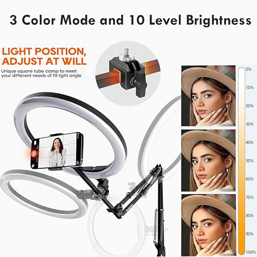 BROLAVIYA® No Shadow Overhead Video Mobile Stand with Extra Long Metal Arm, 10 inch Selfie Ring Light, 2 Way Base Clamp 1/4" Adaptor for Camera, GoPro and Mobile Bracket for Desktop, Bedroom, Office