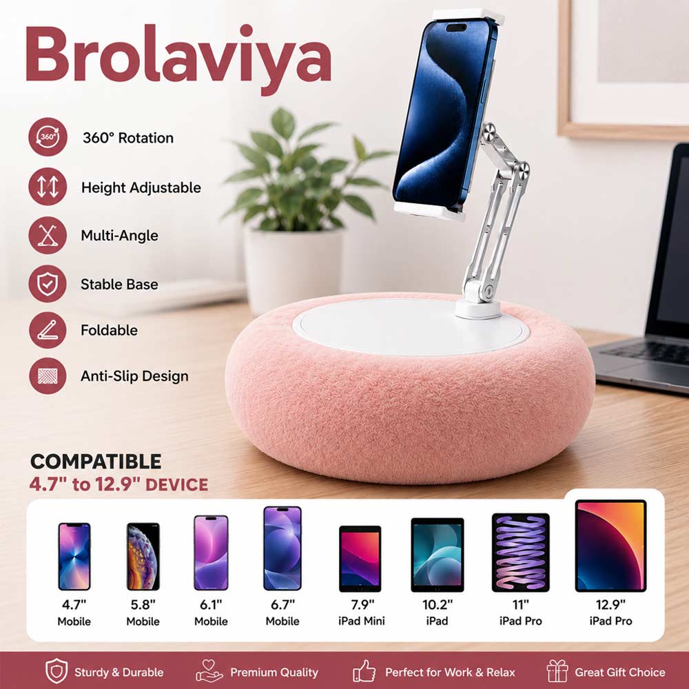 BROLAVIYA® Phone & Tablet Pillow Stand, Adjustable 360° Rotating Holder for 4–12.9 Inch Devices, Detachable Foldable Arm, Soft Lap Desk Cushion with Snack Tray, for Bed, Sofa, Desk & Travel