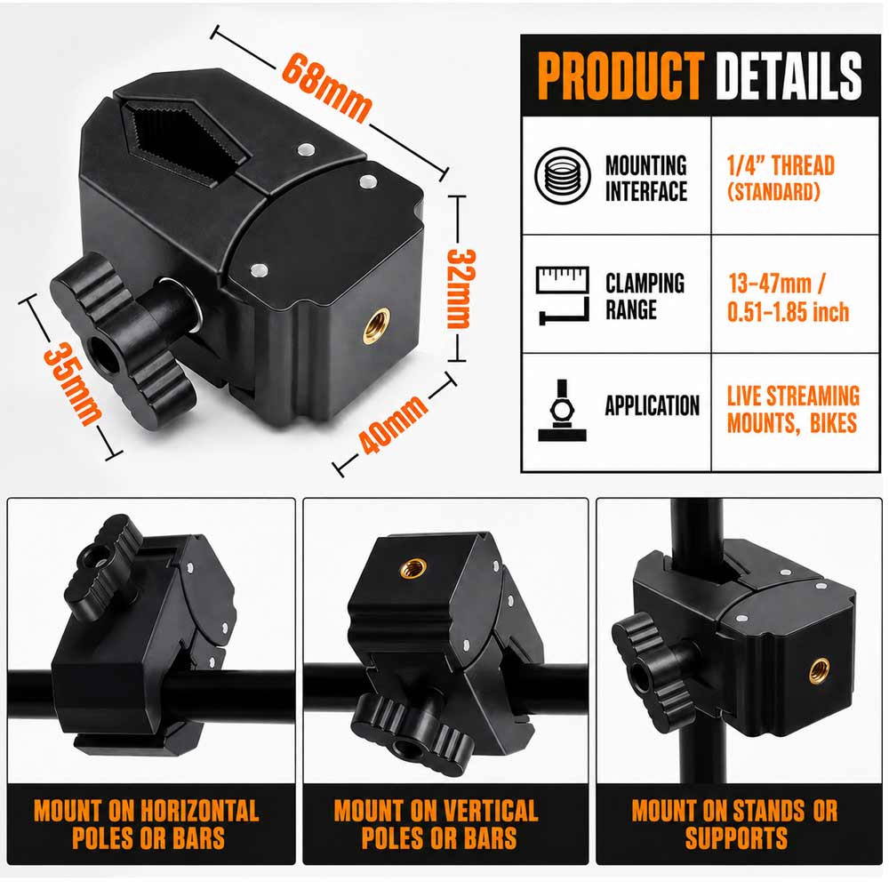 BROLAVIYA® Super Clamp with 1/4″ Interface Female Thread Mount, Adjustable Camera Clamp for 13-47mm Rods & Poles, Universal Mount for DSLR Camera, Action Camera, LED Light, Microphone, Bike & Tripod