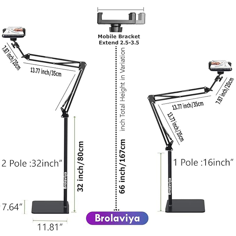 BROLAVIYA® Long Arm Tripod Floor Mobile Stand for 4'-7' inch, for Mobile Cell Phones, for Overhead Video, Watching Movies, Online Class Learning, Cooking, Podcast, Reels