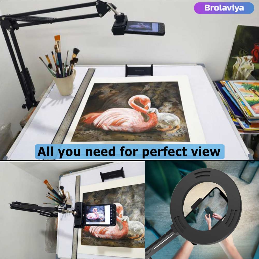 BROLAVIYA® Overhead Video Stand with 6-inch Ring Light, Metal Arm Body, 1/4" Ball Head for Camera, Webcam With Bracket For Mobile, Overhead Video, Desktop, Bedroom, Office