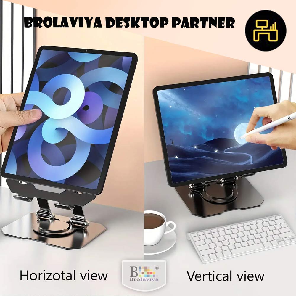 BROLAVIYA® Desktop 360 Rotating Base, Metal Stand Holder, Foldable, Compatible with iPad, Tablet, Mobile, E-Reader 4-13 Inch, D4, Black