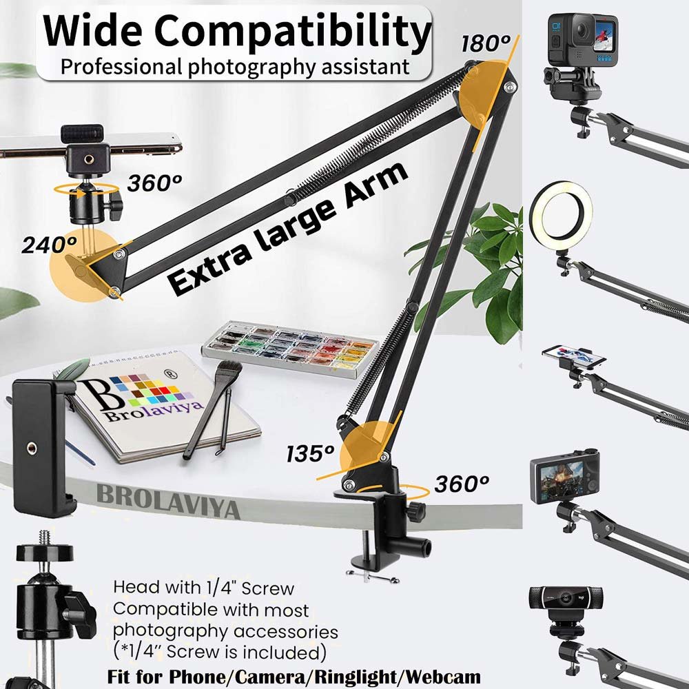 BROLAVIYA® Overhead Video Mobile Stand, New Extra Long Arm, Large 2 Way Base Clamp, 1/4" B - Image 6