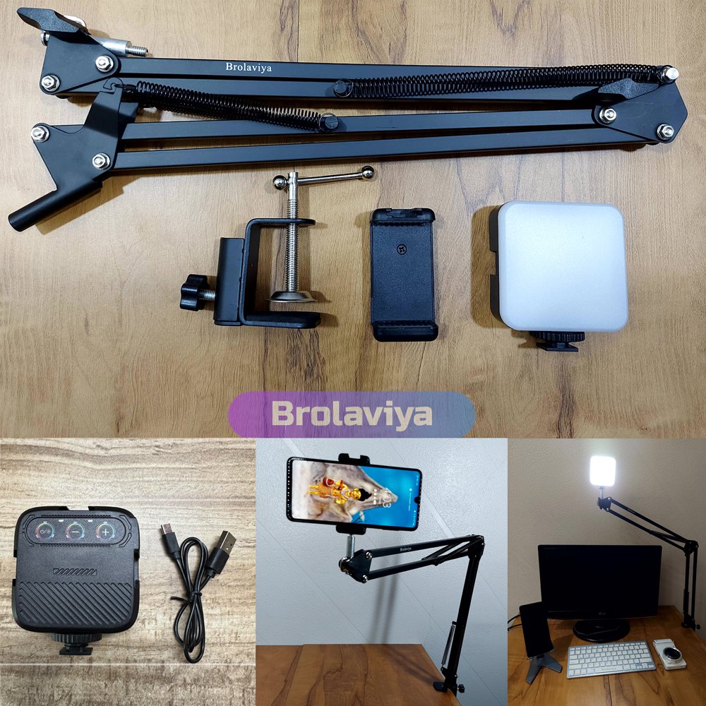 BROLAVIYA® Overhead Video Mobile Stand with Rechargeble RGB LED Video Light, Metal Long Ar - Image 4