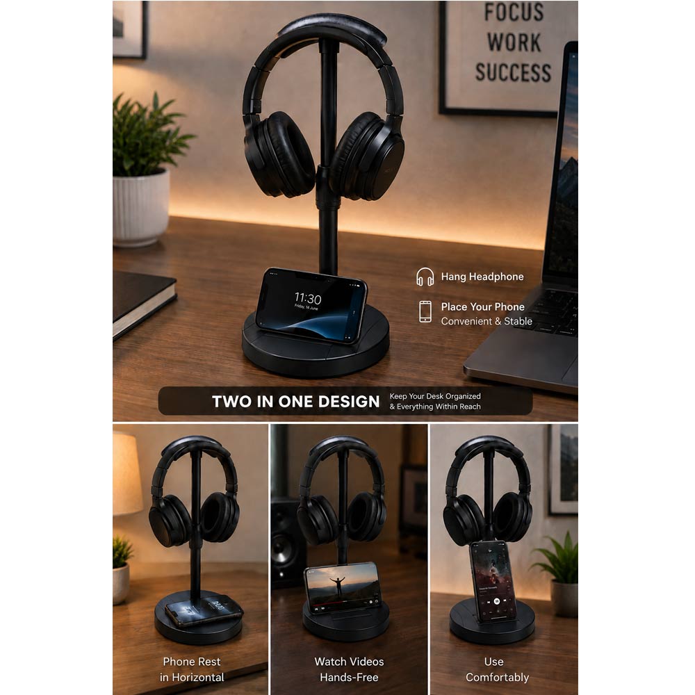 BROLAVIYA® Headphone Stand for Desk, Adjustable Height Headset Holder with Built-in Phone Stand, Universal Gaming Headphone Stand, Stable Weighted Base for Over-Ear & On-Ear Headphones, Black