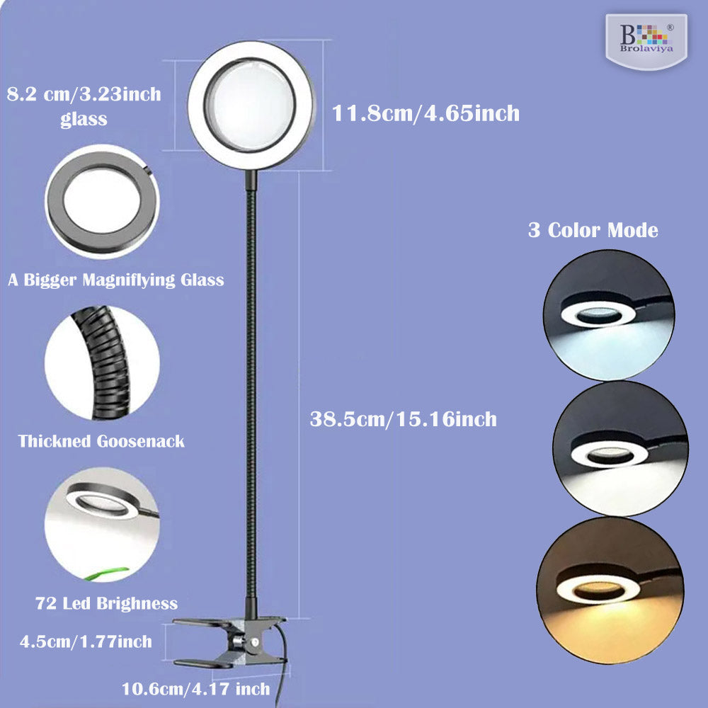 BROLAVIYA® Overhead 5X Magnifying Glass with 12cm LED Light, 3 Color Modes Dimmable, Flexible Hose Metal Arm, Magnifier Desk Lamp for Crafts, Makeup, Reading, Photography – Silver