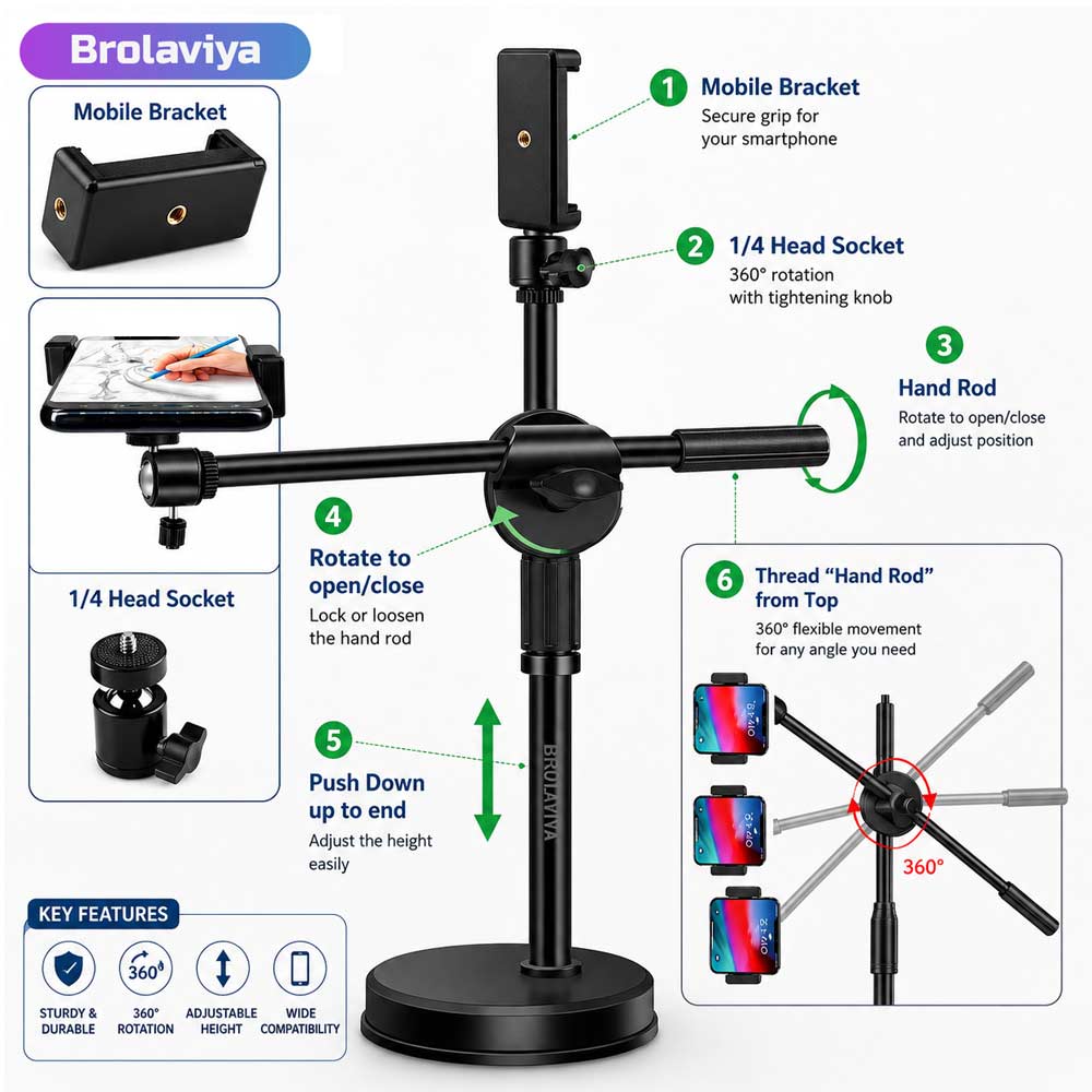 BROLAVIYA® Multi-Function Desktop Dual Phone Stand with Overhead Camera Mount, 360° Rotating Adjustable Arm, Height Adjustable Mobile Holder for YouTube, Reels, TikTok Video Recording, Online Classes, Cooking, Drawing, Live Streaming & Content Creation