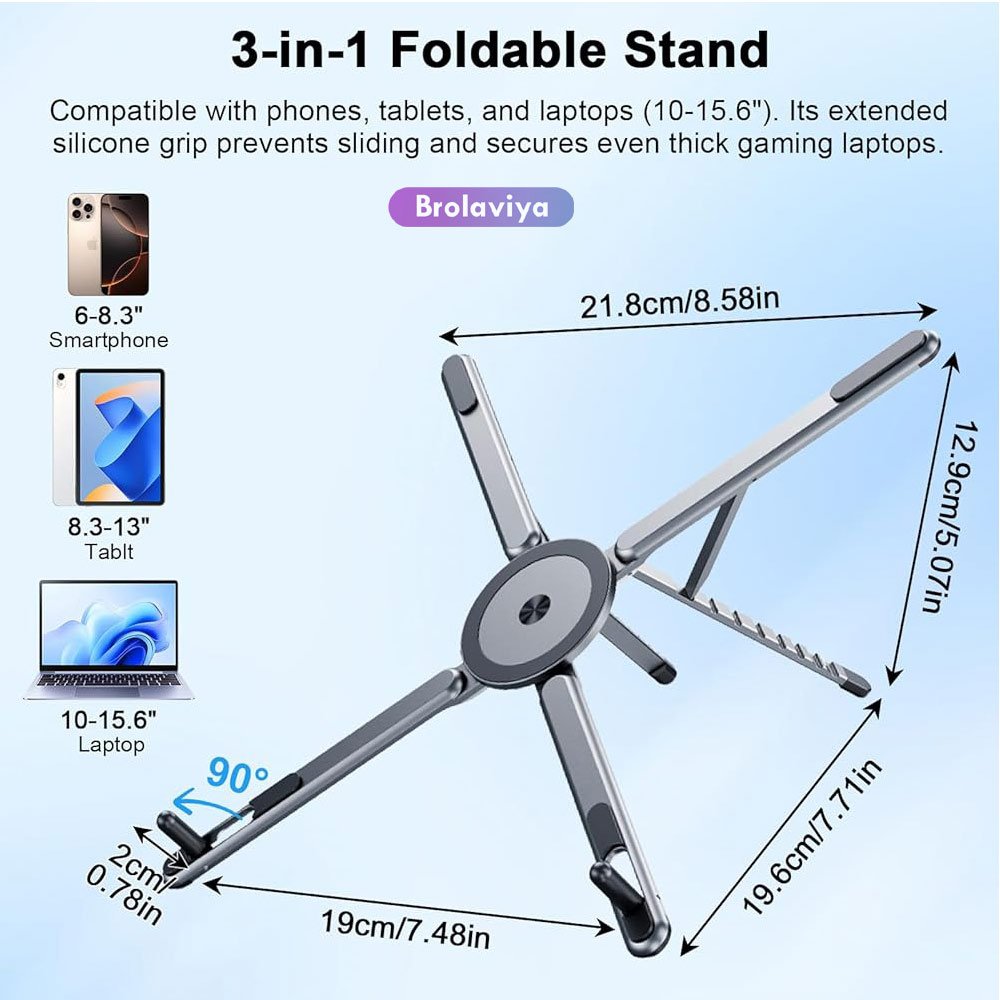 BROLAVIYA® 3-in-1 Foldable Adjustable Height Magnetic Aluminum Stand, Compatible with Phon - Image 3