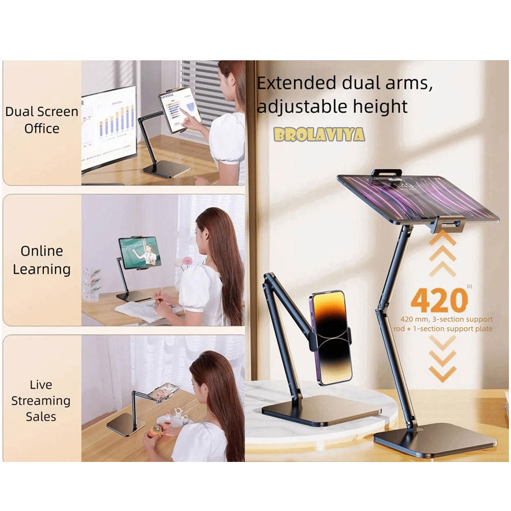 BROLAVIYA® Desk Mount Adjustable Multi Angle Long Arm Stand for Phone and Tablets 4-11 Inch, for Live Streaming, Online Learning, Overhead Drawing
