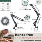 BROLAVIYA® 5X Magnifying Glass with LED Light and Stand, 3 Color Modes Dimmable, Adjustable Swivel Metal Arm, Large 2 Way Base Clamp, Magnifier Desk Lamp for Close Work, Repair, Crafts, Reading – Black