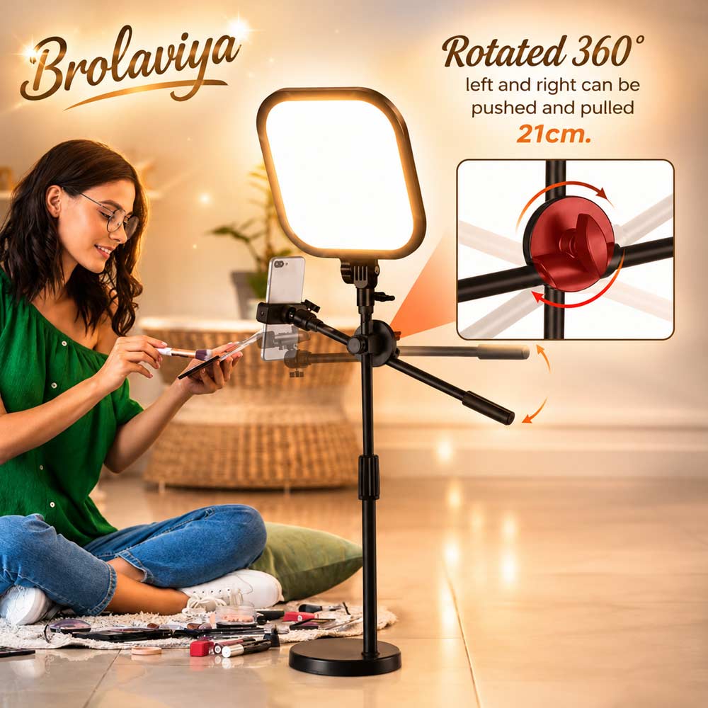 BROLAVIYA® Overhead Phone Stand with LED Fill Slab Light, 360° Rotating Phone Holder, Desk Stand for Reading, YouTube, Reels, Cooking Videos, Recording & Content Creation