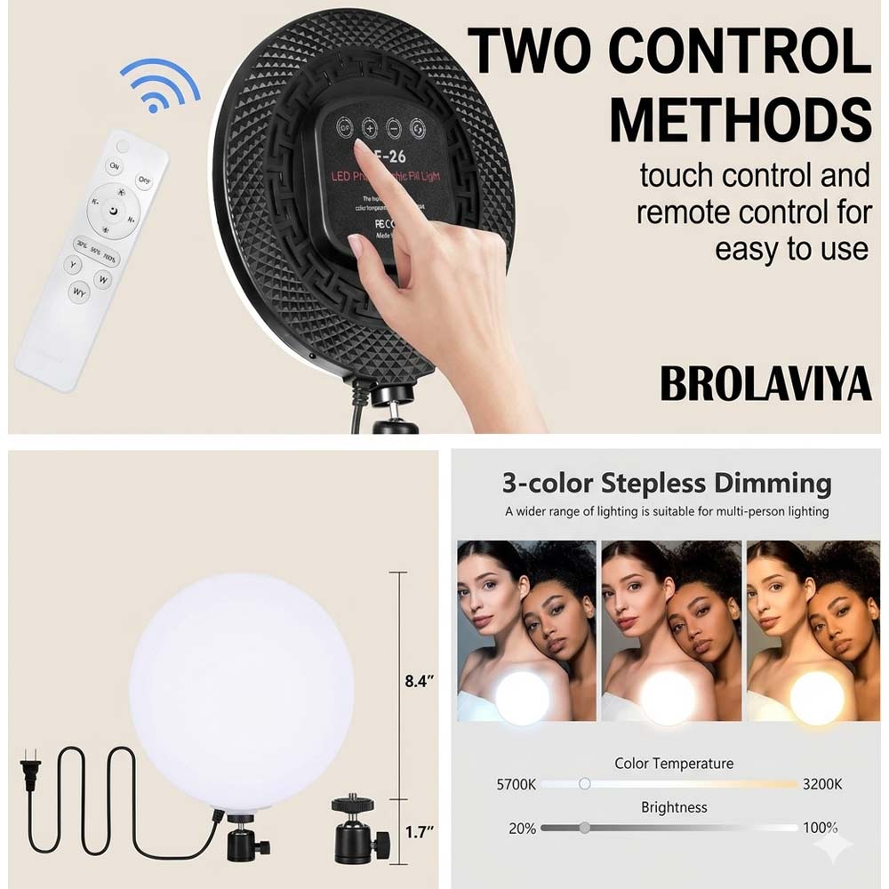 BROLAVIYA®  Full Screen Fill 10 inch Ring Light with Remote Control, Dimmable 3 Color Modes Adjustable Brightness, for Home, Office, Studio, Video Lighting (Stand Not Included)