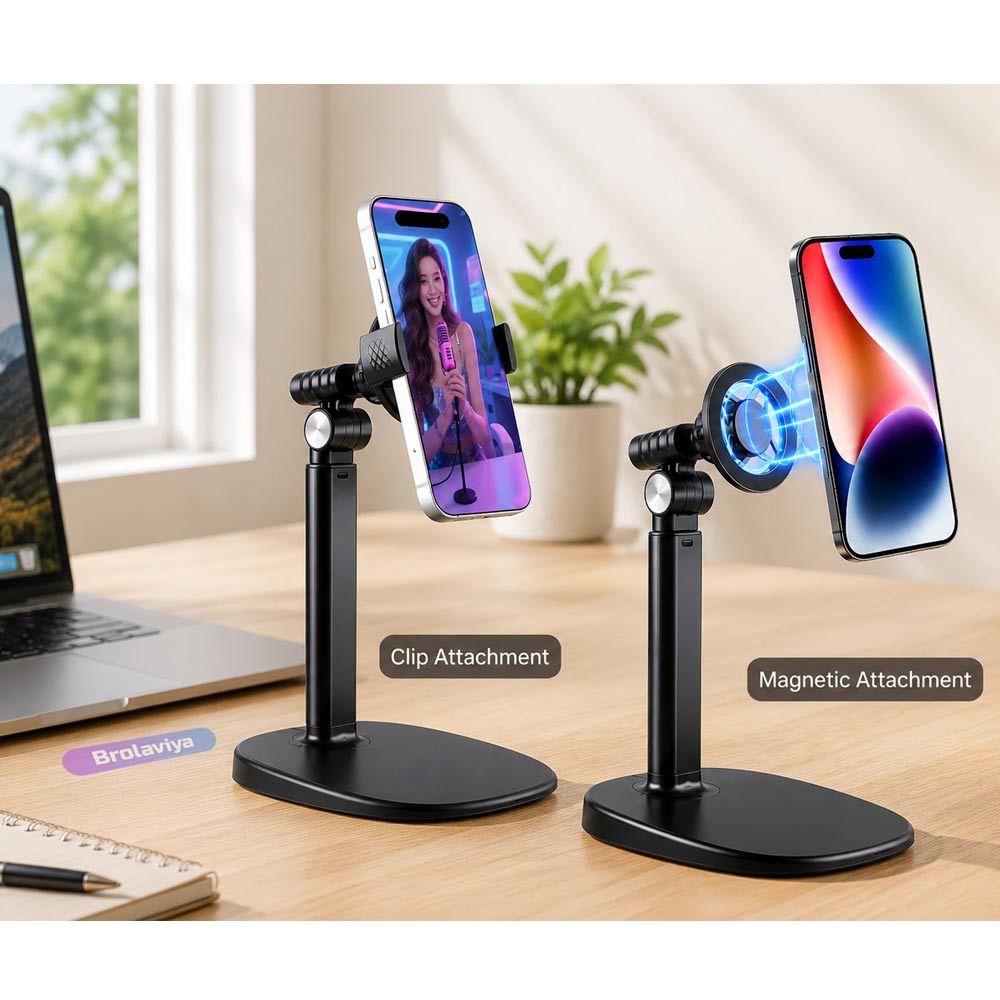 BROLAVIYA® 2-in-1 Magnetic & Clip Phone Stand for Desk, Adjustable Height Mobile Holder, MagSafe-Compatible Mount with Phone Clamp, 360° Rotation for Live Streaming, Recording, Video Calls & Cooking