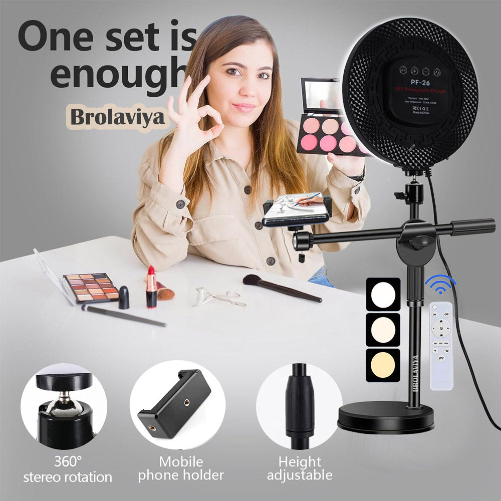 BROLAVIYA® Overhead Video Floor Stand with Full-Screen Fill 10" Ring Light with Remote, Metal Flexible Arm, 1/4" Head for Camera, Webcam with Mobile Bracket for YouTube, Desktop, Bedroom, Office