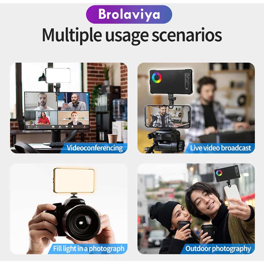 BROLAVIYA® Full Color RGB Video Light, 2000mAh Rechargeable, Dimmable with Cold Shoe, Portable Clip and 1/4 Screw Hole for Camera, Phone, Tablet, Laptop, Selfie, Photography
