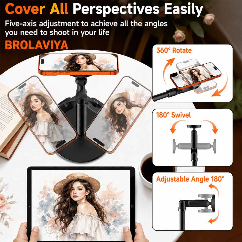 BROLAVIYA® Magnetic Mobile Phone Stand for Desk, Tabletop Stand, Adjustable Height & 360° Rotation, Strong N52 Magnetic Mount Compatible with iPhone 12-17 Series, Video Calls, Live Streaming