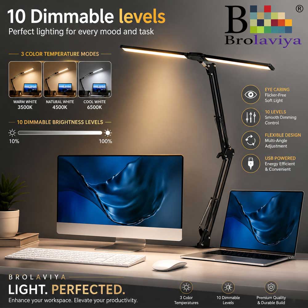 BROLAVIYA® Architect Double Head LED Desk Lamp Overhead Light, 3 Color Mode, 10 Levels Dimmable Brightness, Metal Body, Eye Protection Desk Light for Office, Study, Reading, Computer Workstation