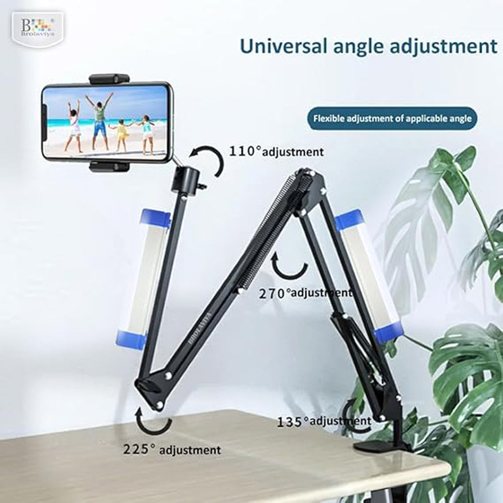 BROLAVIYA® Overhead Video Mobile Stand with 17cm Rechargeable LED Tube Light, New Extra-Long Arm, 1/4" Head, 2 Way Clip Clamp and Mobile Bracket for Desktop, Bedroom, Office, Black